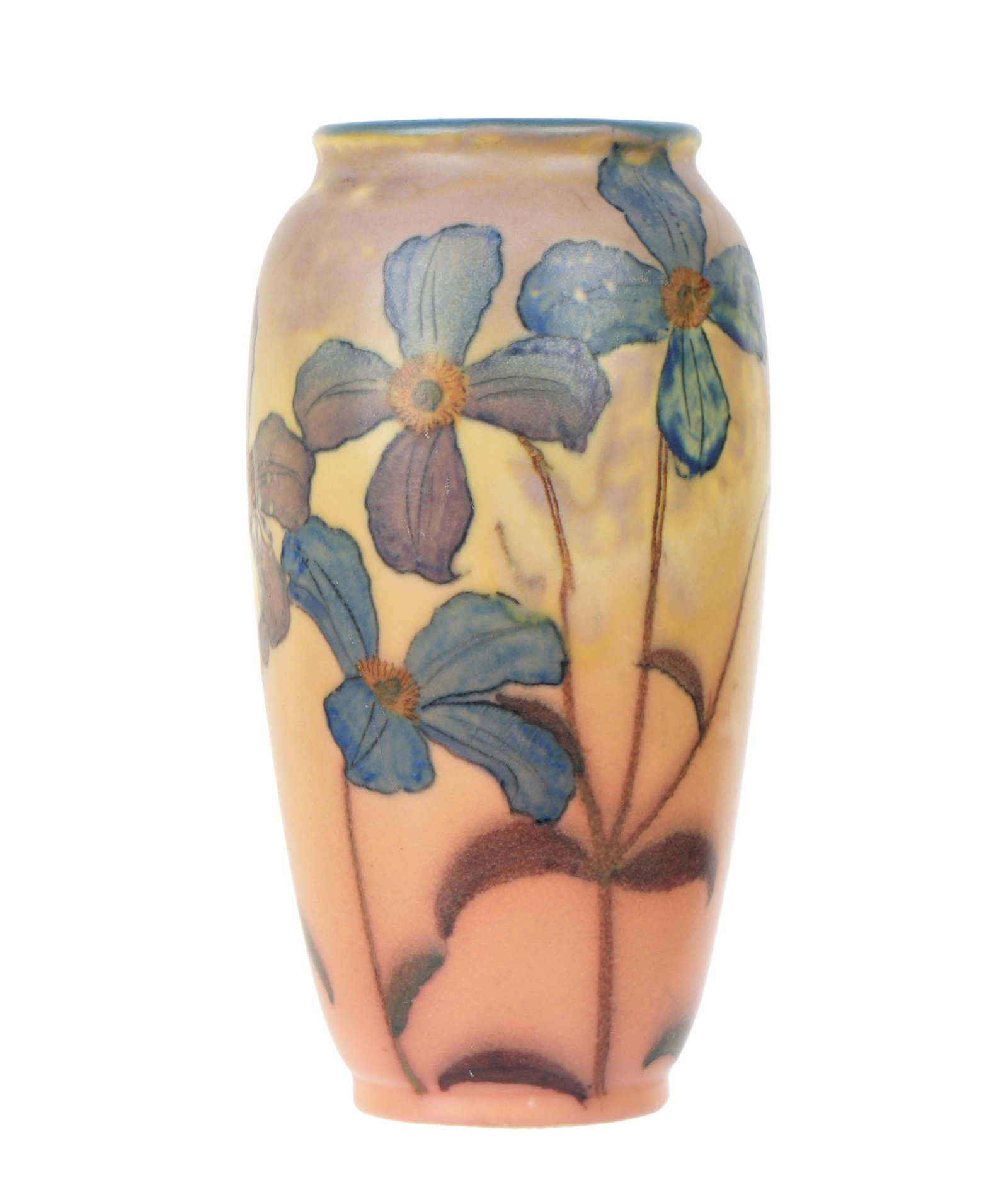 1930 Rookwood Shirayamadani Vellum Iris Vase: Kataro Shirayamadani for Rookwood iris motif vellum matte glaze vase mold number 892C, impressed Rookwood 1930 date mark, "X" mark, incised Shirayamadani mark. Overall 9" h. x 4.5".