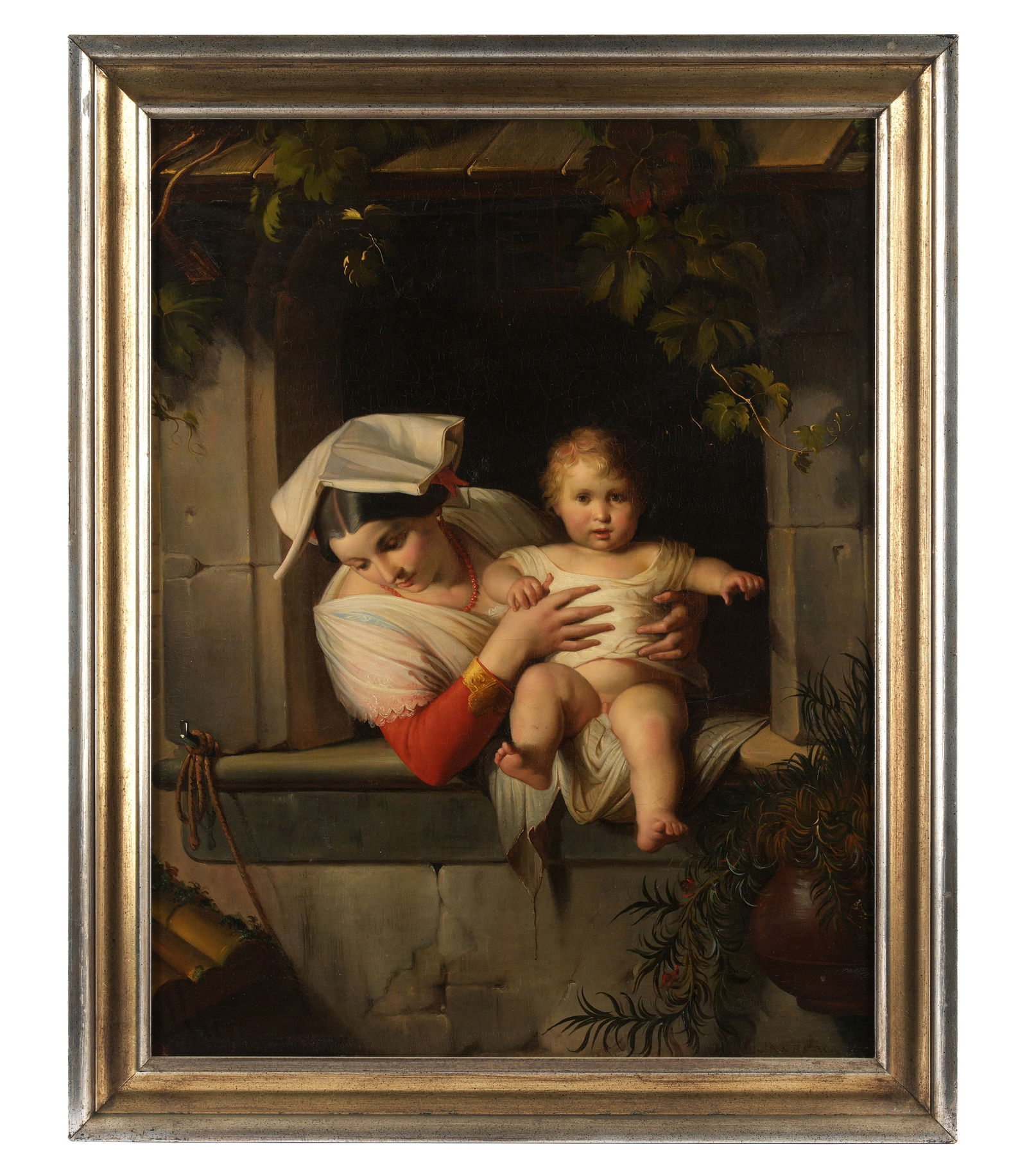 Giovanni Marchini Woman and Child at Window: MARCHINI, Giovanni, (Italian, 1877-1946): Genre scene of a woman and child at a bay window, Oil on Masonite, signed lower right, Matteson Gallery of Arts label verso, 24.25" x 19", framed 28" x 22.25"