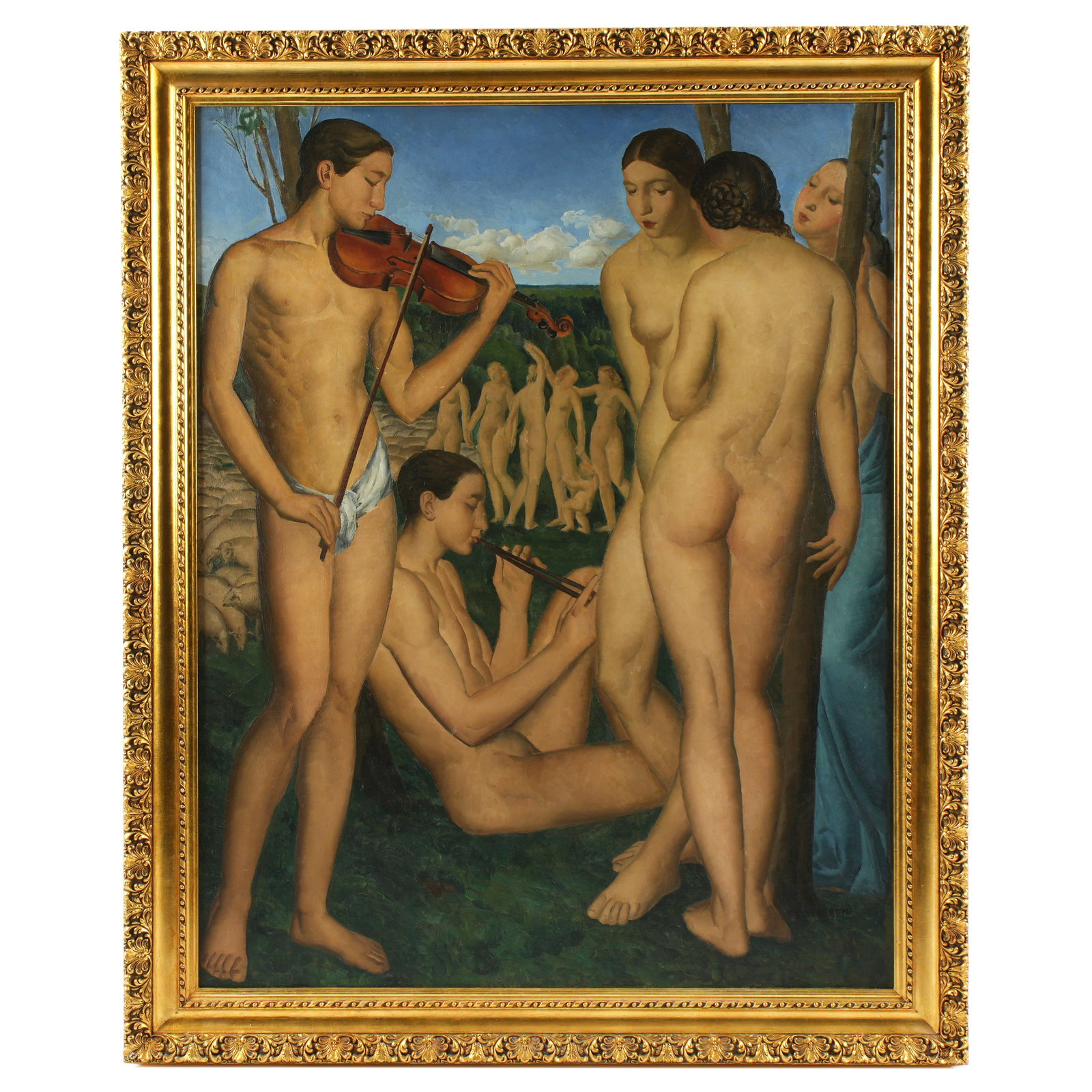 Large Roland Gerardin Nude Musicians & Dancers Painting: GERARDIN, Roland Marie, (French, 1907-1935): Pastoral celebration scene with musicians, women, dancers, and sheep, Oil on Canvas, signed lower right, 57.25" x 45.5", framed 66.5" x 54.25". Condition:
