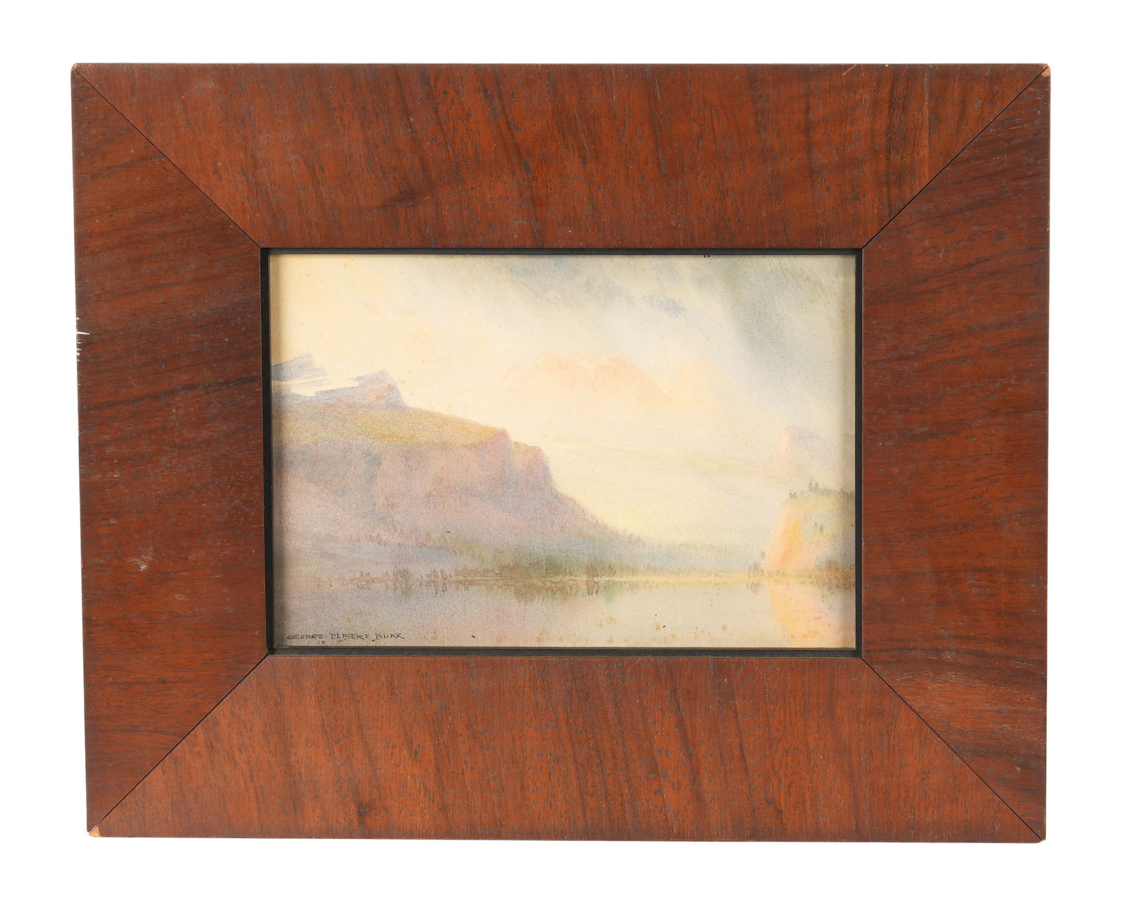 George Elbert Burr Landscape Watercolor Painting: BURR, George Elbert, (American, 1849-1939): Sunset mountainous landscape with lake, Watercolor on Paper, signed lower left, "Arts & Crafts Studios, Denver" wax seal verso, 5.5" x 8", framed 10.5" x 13