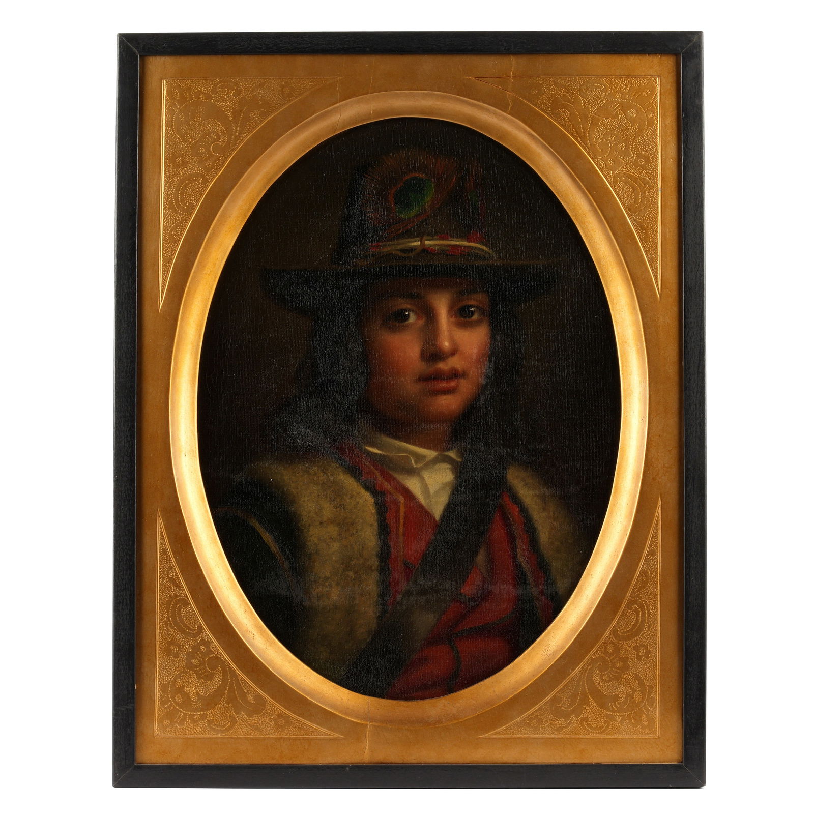 European School Portrait of a Young Man: 19th / 20th Century European school oval portrait of a young man dressed in traditional clothing, Oil on Masonite, no visible signature, Matteson Gallery of Arts label verso, sight size 13" x 9.5", fr