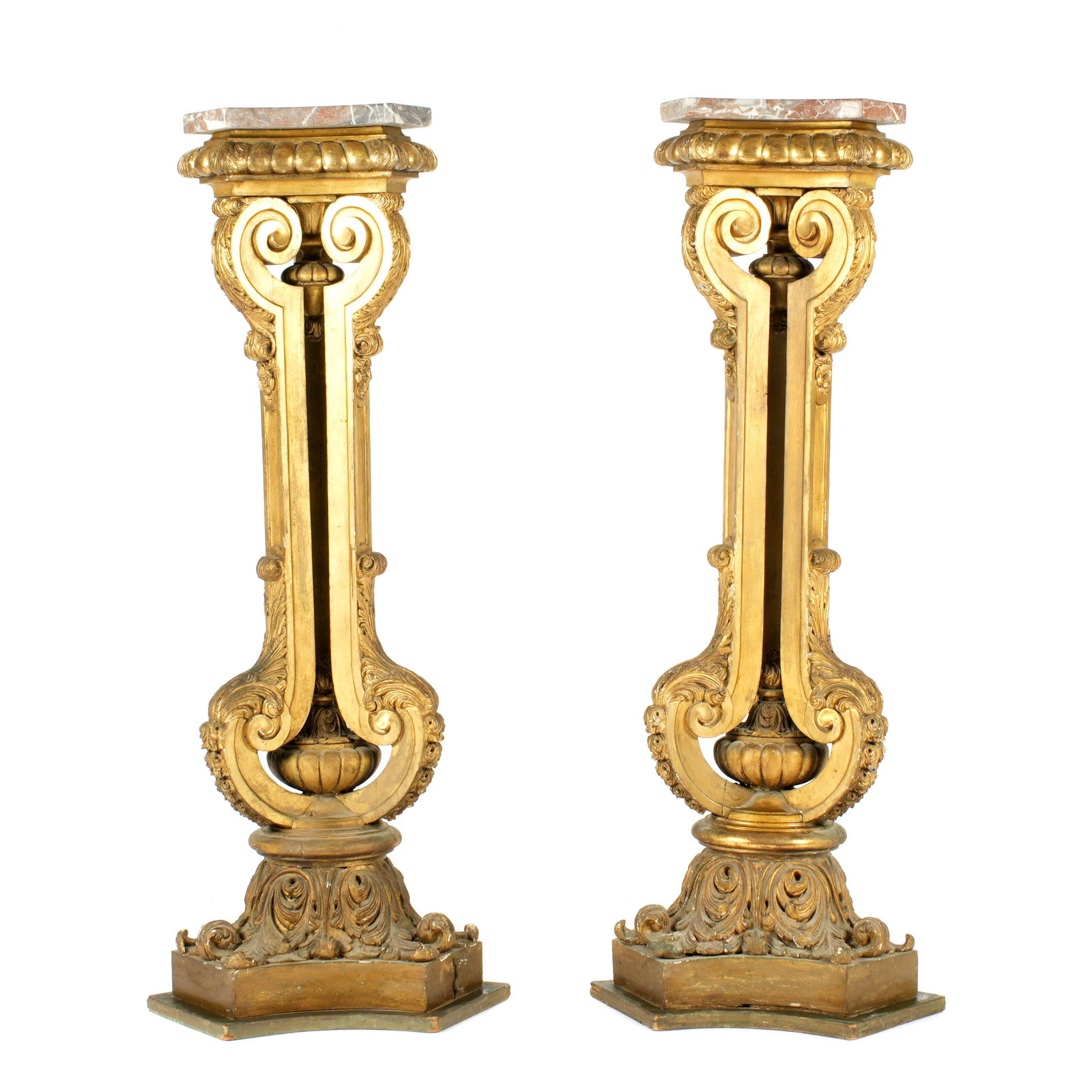 Pair 19th C. French Gilt Wood Marble Top Pedestals (1 of 6)