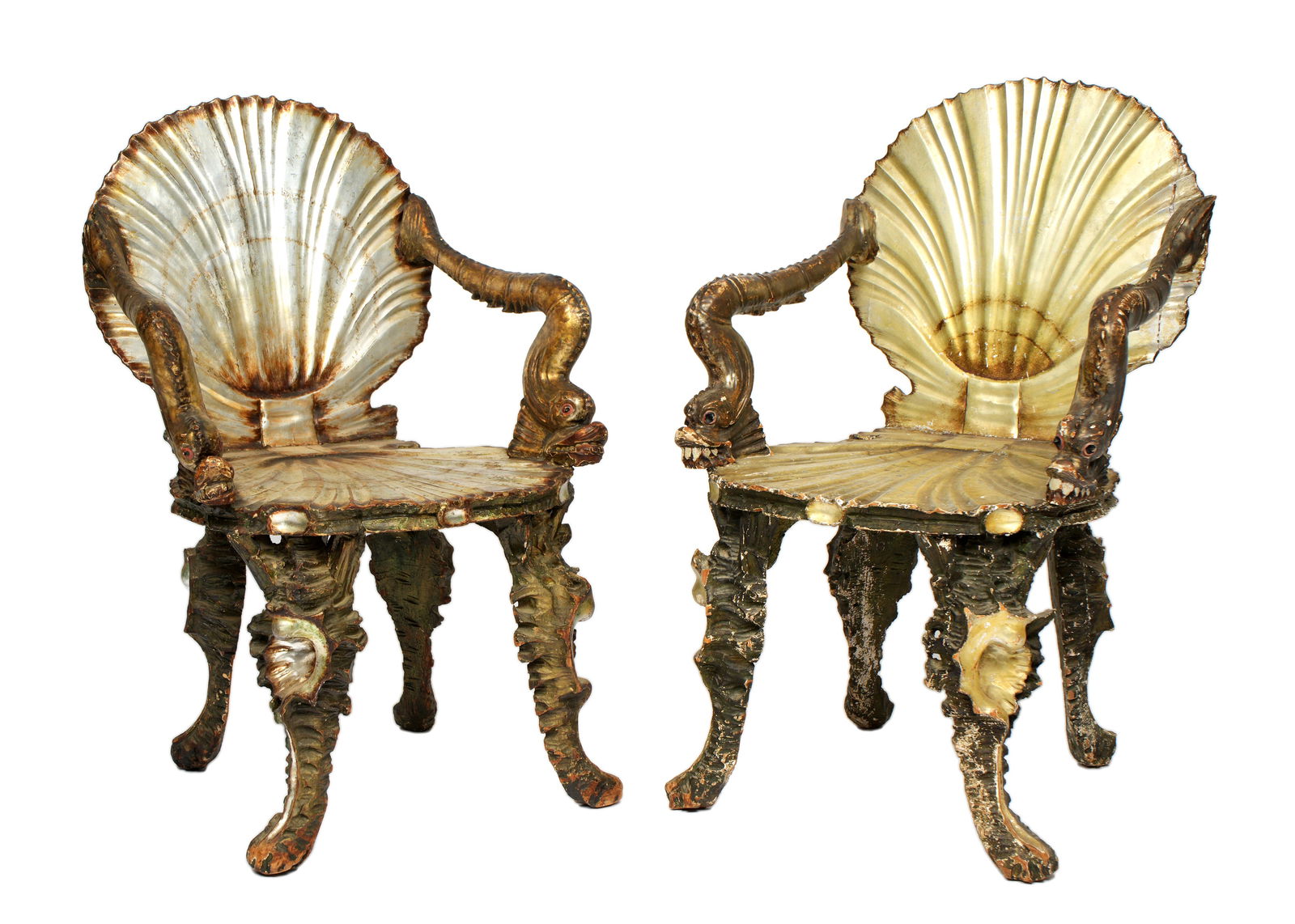 Pair 19th Century Antique Silvered Italian Carved Wood Grotto Chairs (1 of 7)