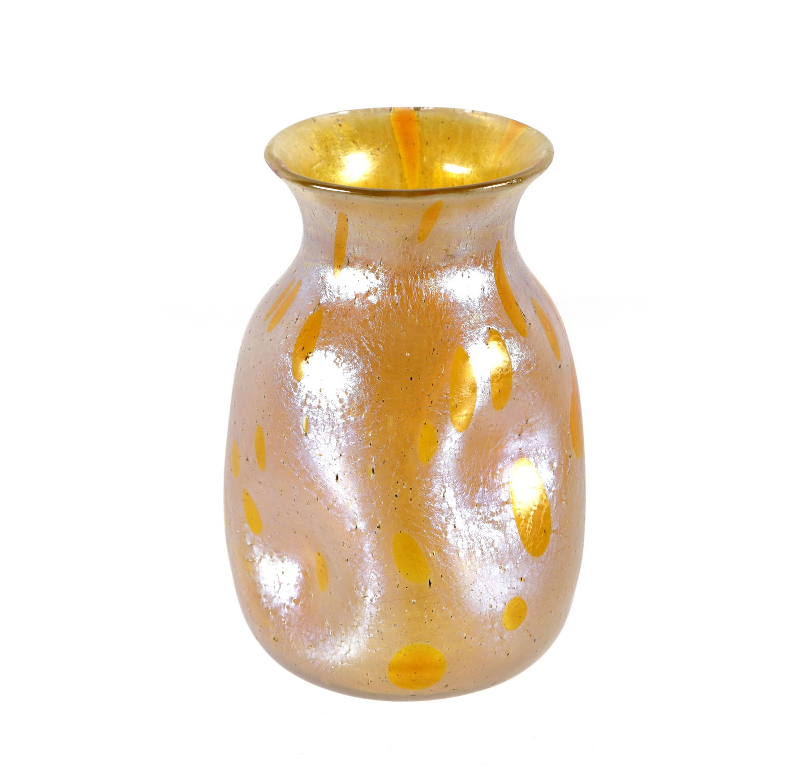 Austrian Iridescent Gold Oil Spot Dimpled Vase: Iridescent gold oil spot design vase with flared rim and dimpled body, unmarked. Overall 3.5" h. x 2.25" dia. Condition: There is a wavy line encircling the entire body, appears to be a firing flaw an
