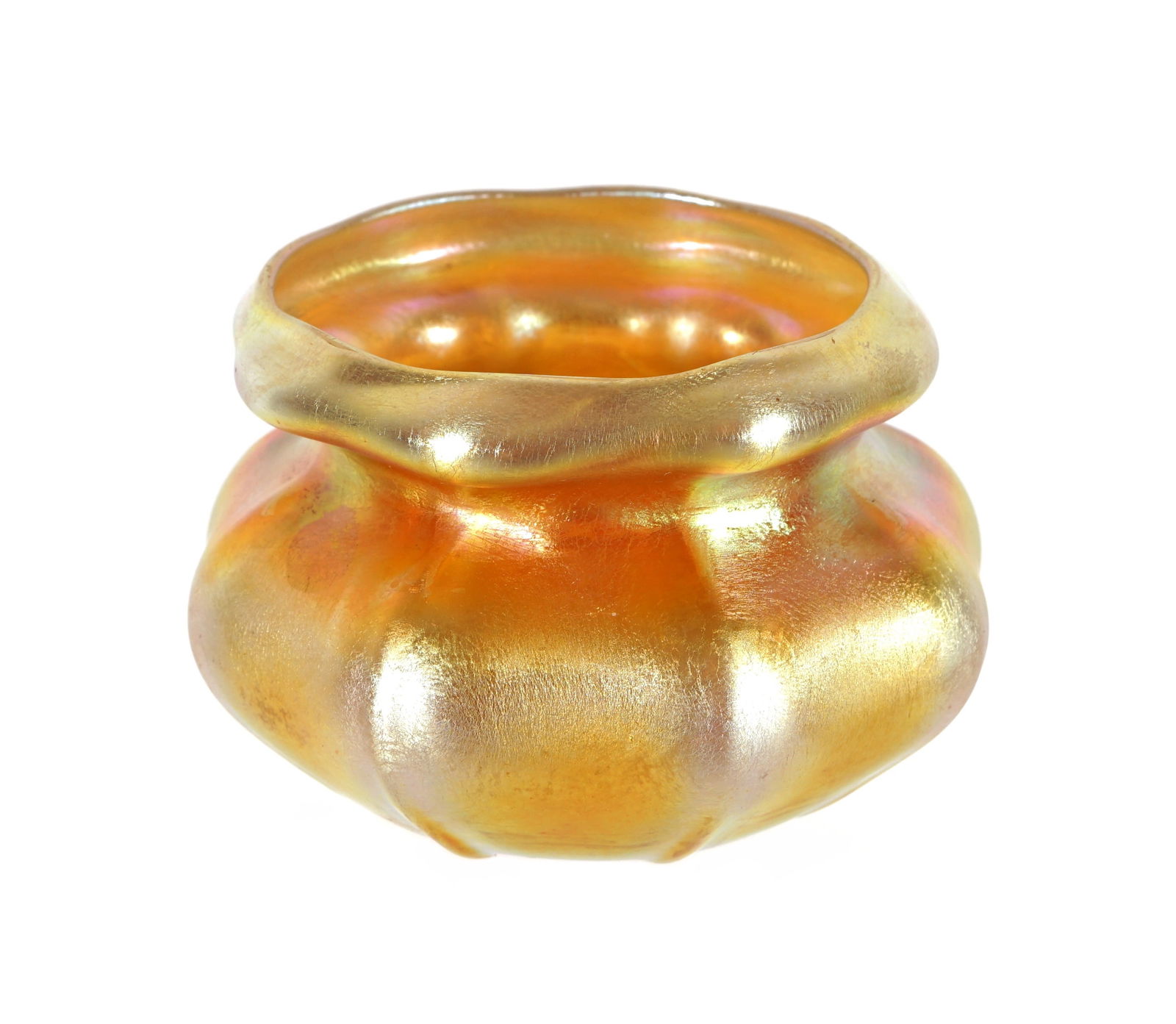 Tiffany Favrile Gold Squat Ribbed Vase M6487: Iridescent gold Tiffany Favrile glass squat vase with flared rim, marked L.C.T. M6487. Overall 2' h. x 3.25" dia.