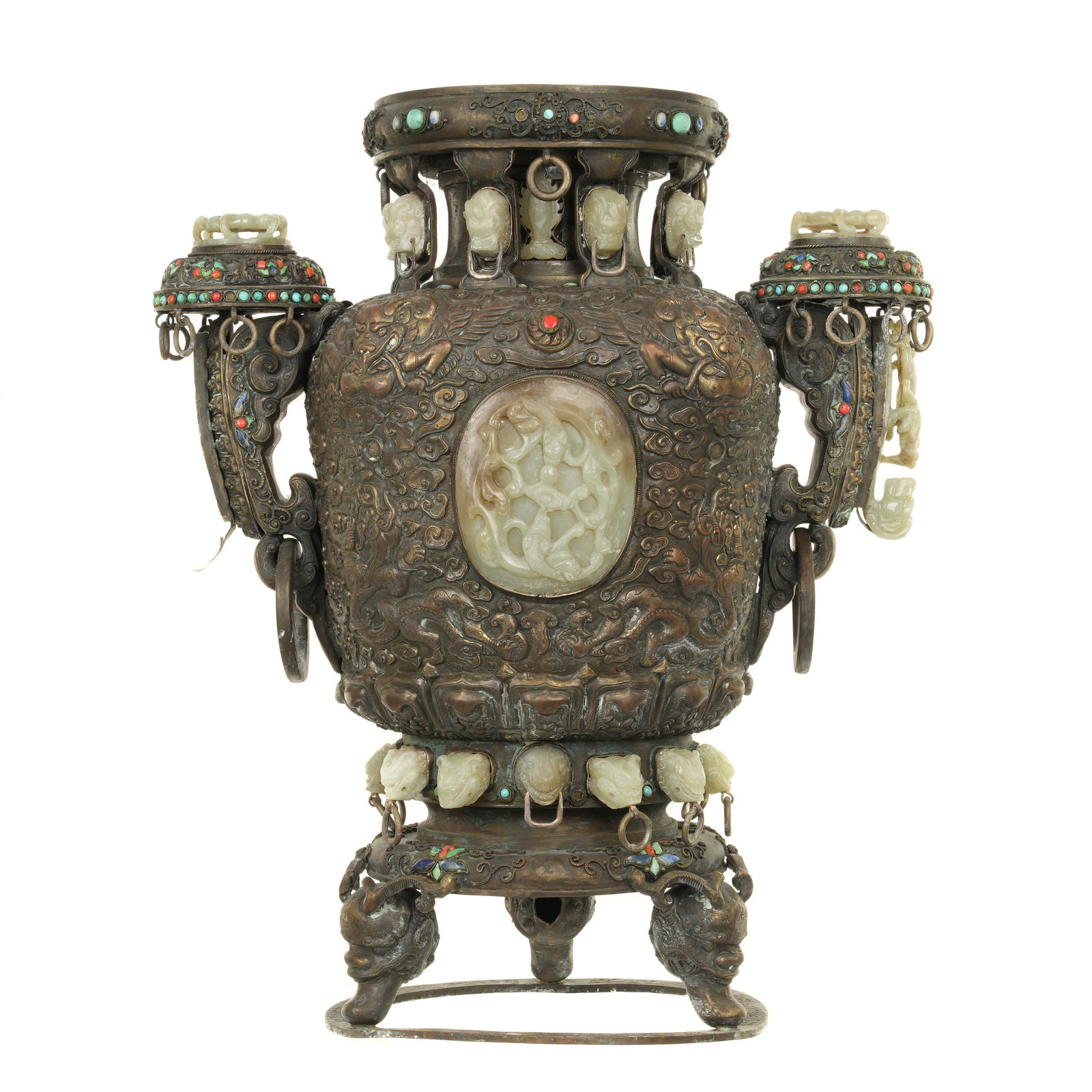 Mongolian Metal Jade Stone Elephant Handle Censer (1 of 7)