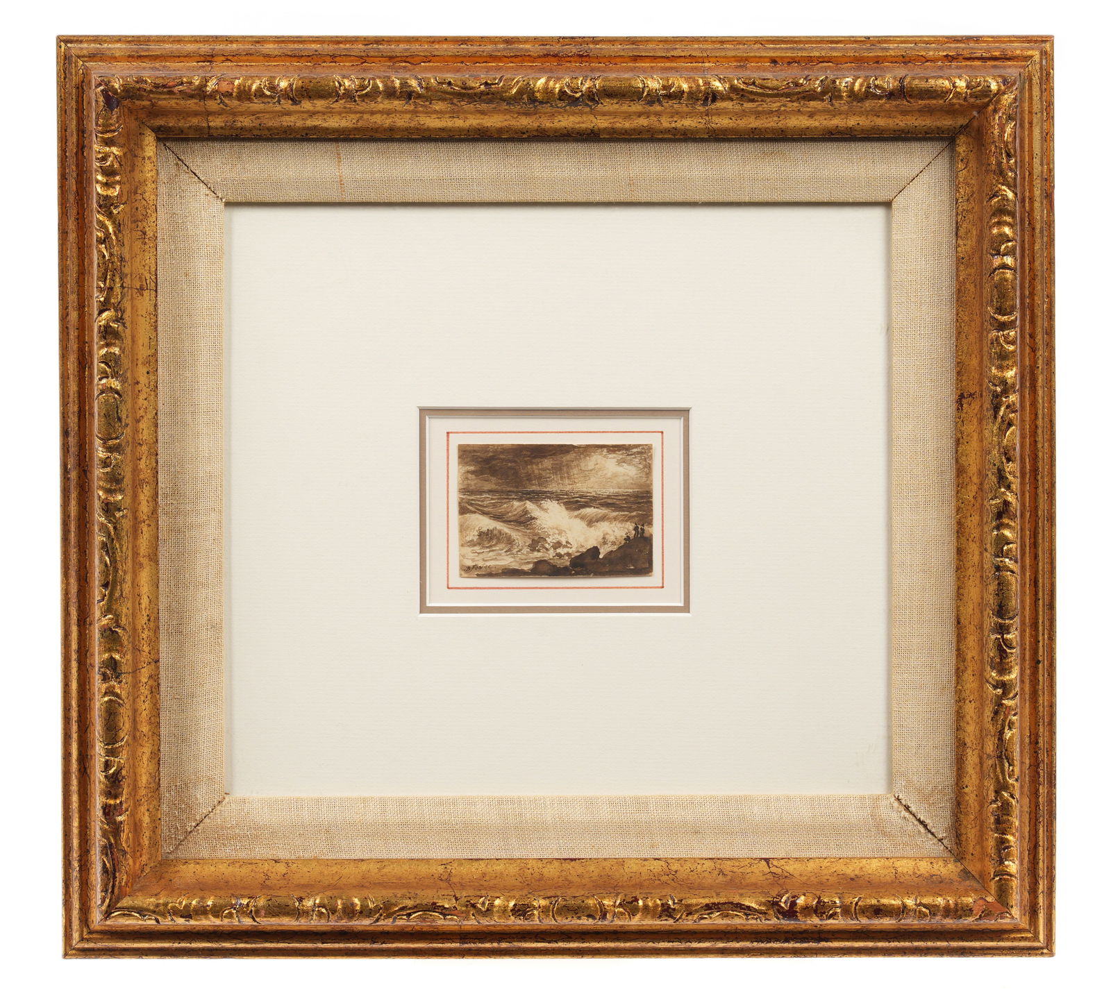 attr Ben Foster Coastal Maine Watercolor: attributed FOSTER, Benjamin, (American, 1852-1926): Monochrome rocky coastal landscape with figures, Watercolor on Paper, signed lower left, sight size 2" x 2.75", framed 13.75" x 14.75". Not examined