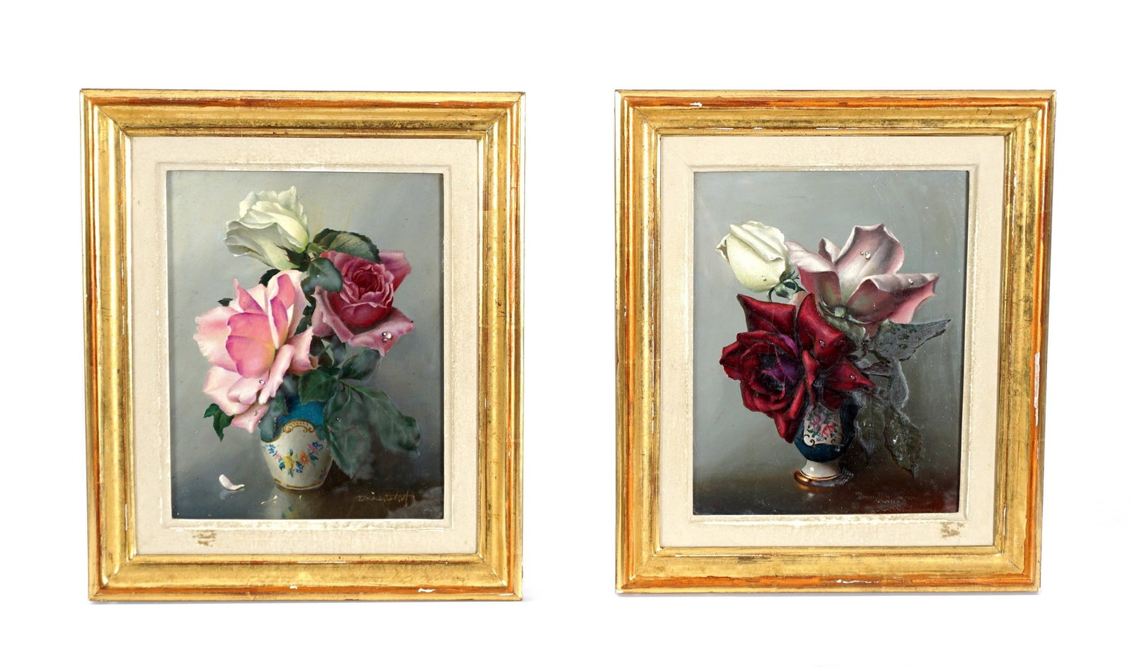 Pair Irene Klestova Rose Still Life Paintings: KLESTOVA, Irene, (Russian/French, 1908-1989): Two still life paintings of roses in vases, Oil/Board, both signed lower right, one signed verso as well, 9.5" x 7.5", framed 13.5" x 11.5". Condition: Bo