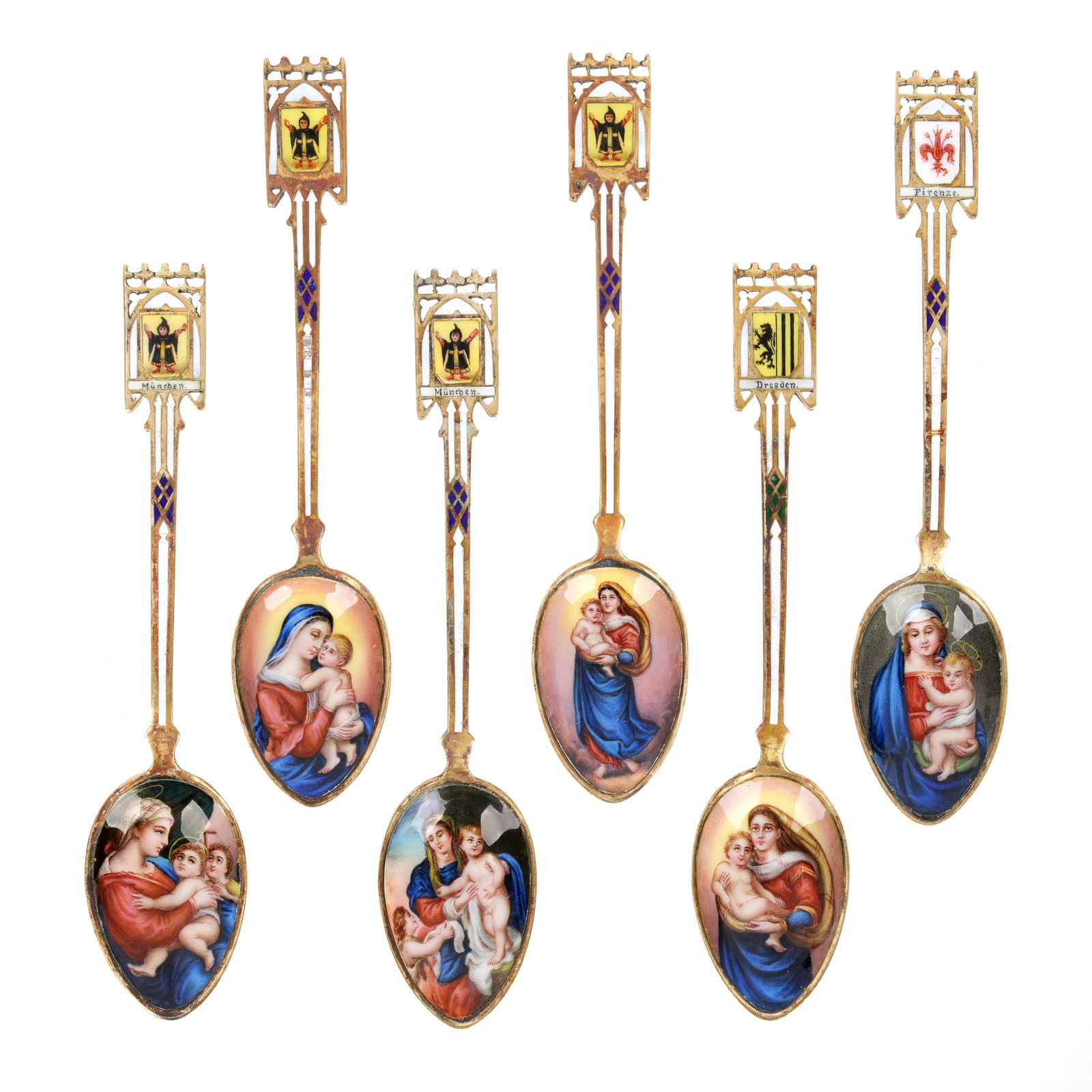 Six Continental 800 Silver Enamel Religious Spoons (1 of 6)