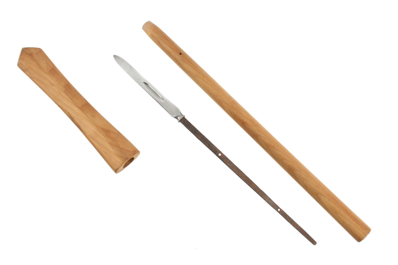 Signed Japanese Diamond Blade Yari with License: 6.75" diamond blade yari, signed 11.5" nagako, with Japanese license. Overall 30.5" in Shirasaya. Please se photographs.