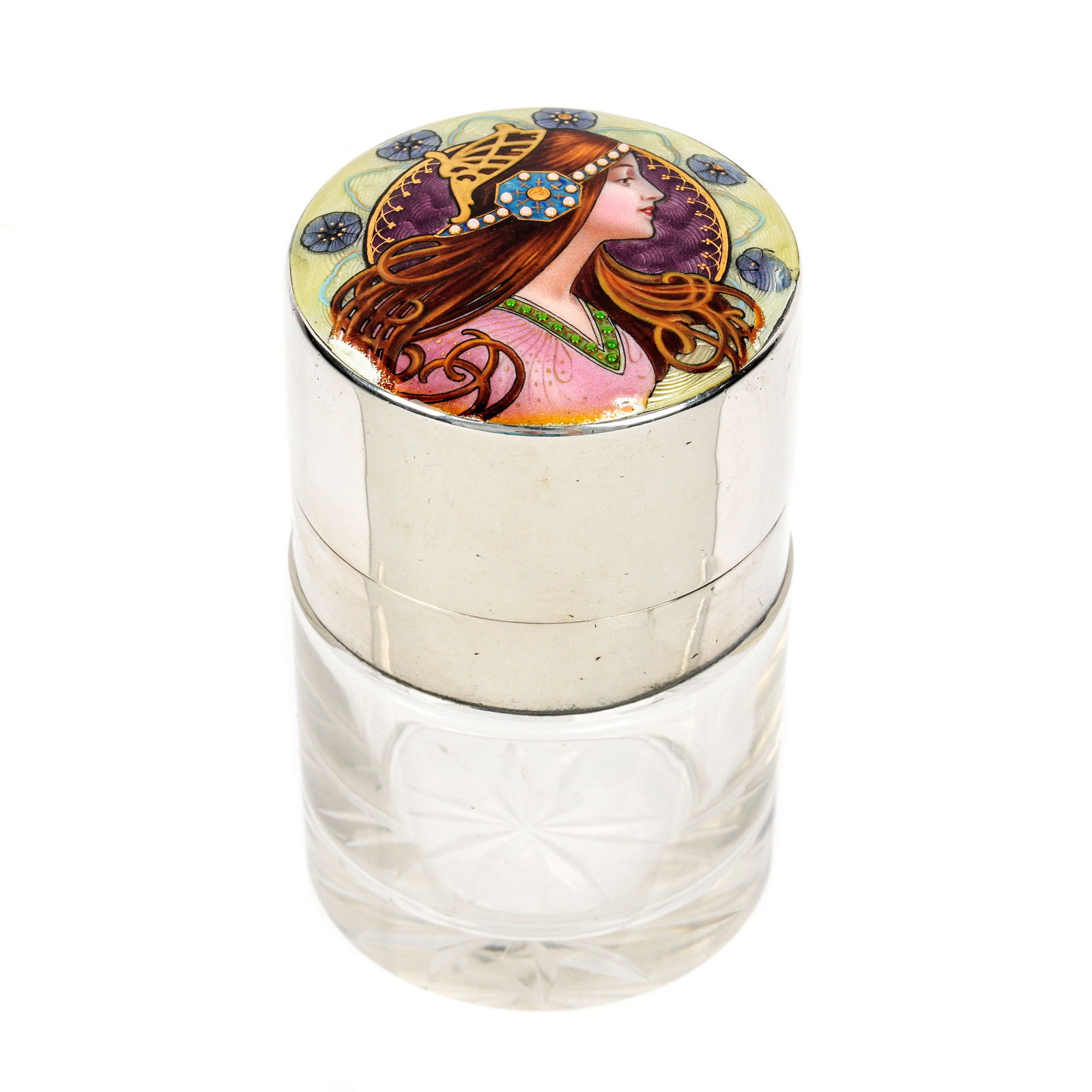 Heinrich Levinger Mucha Style Cologne Bottle: Sterling silver and enamel hinged lid, Alphonse Mucha style Art Nouveau maiden motif to top. Hallmarked with Heinrich Levinger 1901 Birmingham import marks. Glass stopper, glass base with star cut foo