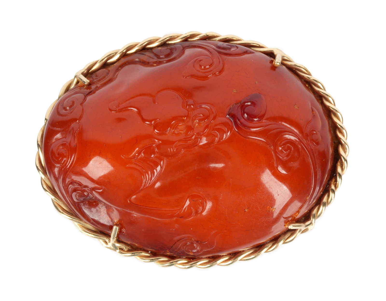 Chinese 14k Gold and Carved Amber Brooch (1 of 8)