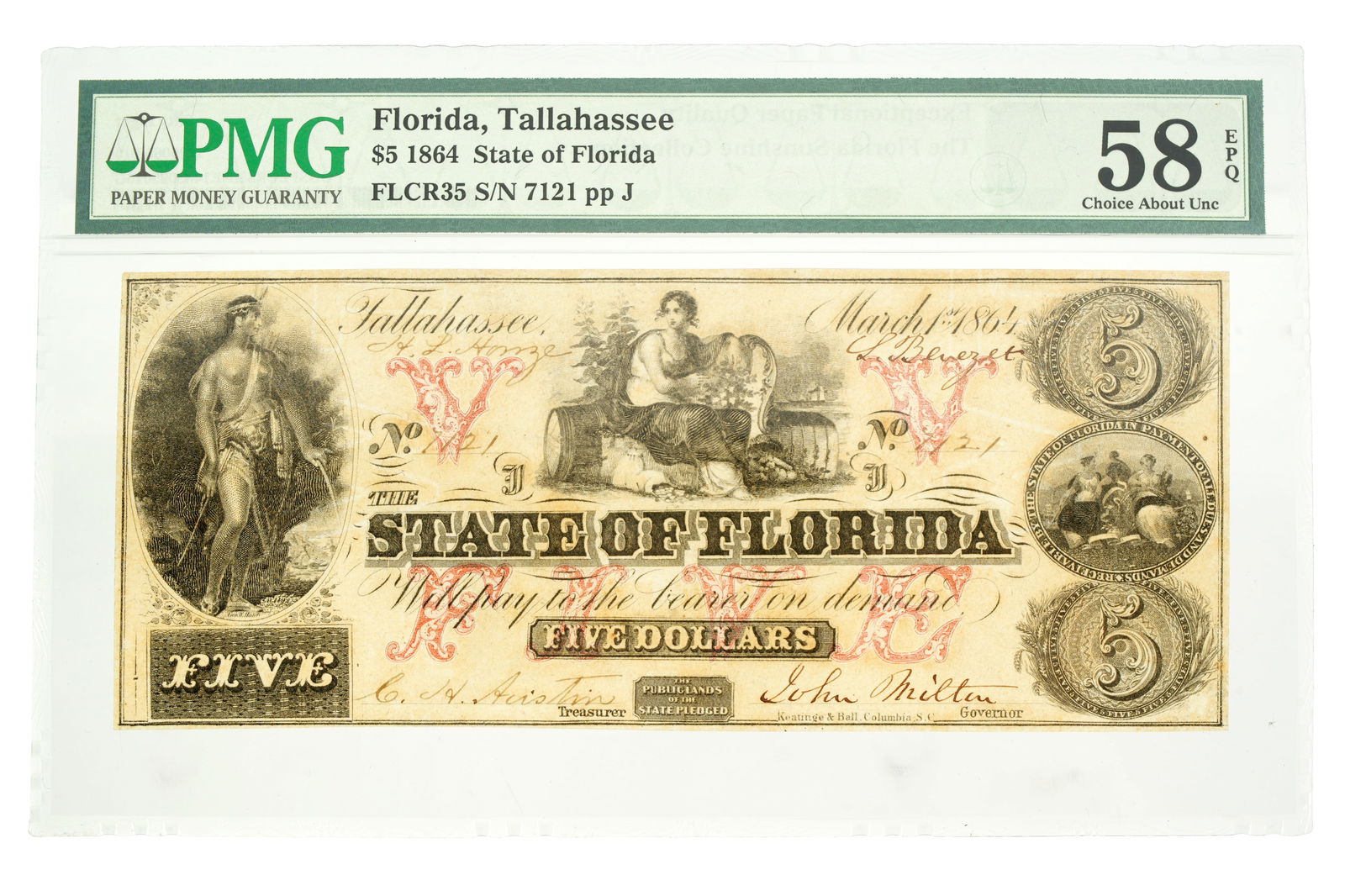 1864 Tallahassee Florida Criswell 35 $5 Bank Note (1 of 2)