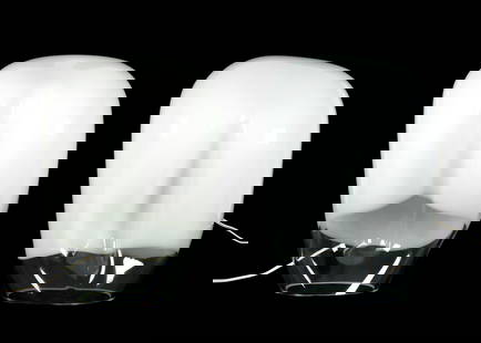 Pair Luciano Vistosi Murano Mid Century Glass Lamps: VISTOSI, Luciano, (Italian, 1931-2010): Pair white and clear biomorphic glass lamps designed for Vetreria Vistosi circa early 1970's. Original Vistosi foil labels, overall 15.5" h. x 11.25" x 10.25".