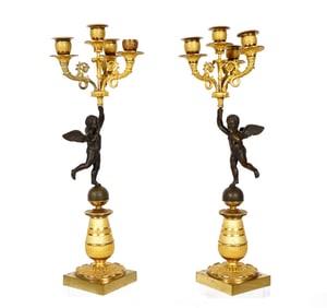 Pair French Parcel Gilt Bronze Cherub Candelabra