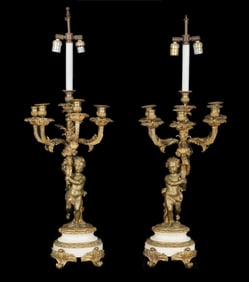 Pair Bronze French Figural Putti Candelabra Lamps