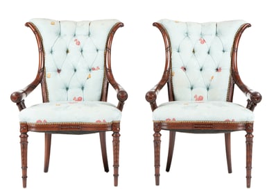 Pair Carved Mahogany Fauteuil Arm Chairs