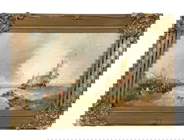 1879 Alfred Montague Rough Seas Harbor Painting