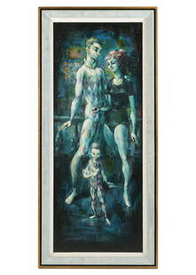 1957 Raymond Howell Jester Family Self Portrait: HOWELL, Raymond A., (American, 1927-2002): Family sel portrait of jesters to include Raymond, his wife, and son, Oil on Masonite, signed and dated 1957 lower left, 48" x 19", framed 54" x 25".