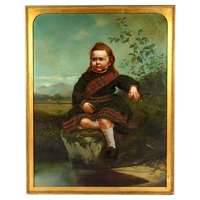 Folk Art Portrait of Scottish Child in Landscape