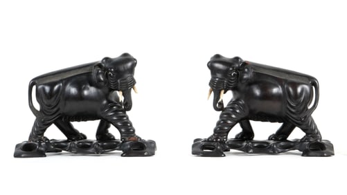 Pair Chinese Carved Zitan Wood Elephants w/ Stands