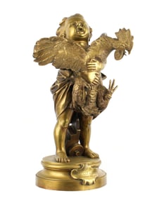 after Adriano Cecioni Gilt Bronze Enfant au Coq