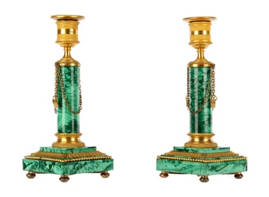 Pr Russian Style Malachite and Bronze Candlesticks