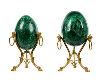 Two Russian Style Malachite Eggs on Stands