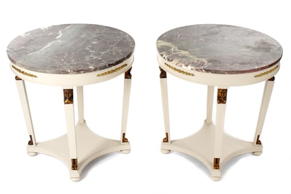 Pair French Empire Style Round Marble Top Occasional Tables