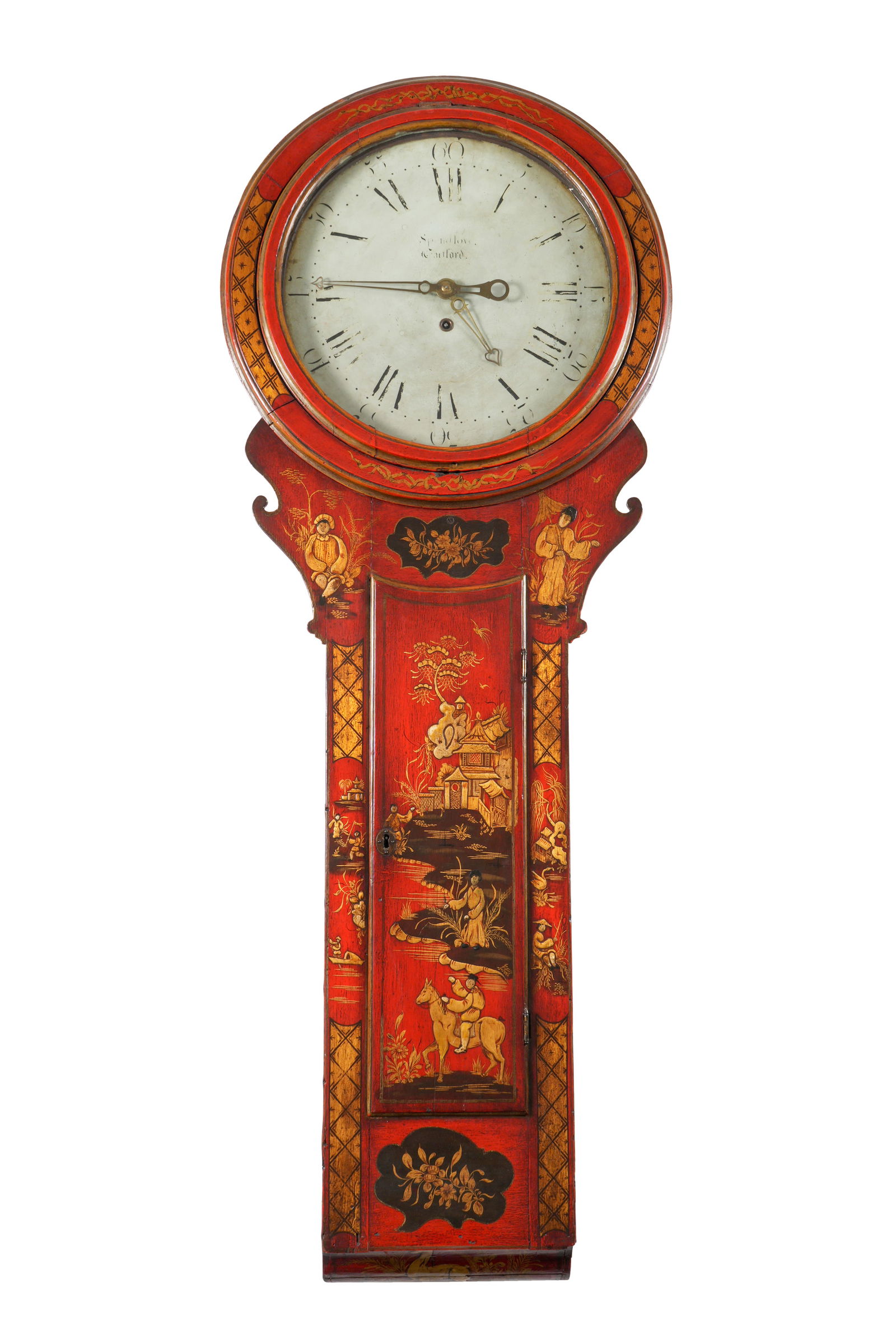 John Spendlove English Chinoiserie Wall Clock: Large late 18th to early 19th Century wall clock by John Spendlove. Red lacquered case chinoiserie decorated all over with figures and foliate motifs, enamel metal dial with Roman and Arabic numeral,