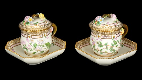 Two Royal Copenhagen Flora Danica Custard & Saucer