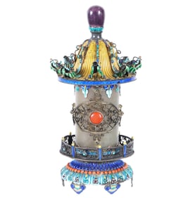 Chinese Silver Gilt Jade and Coral Pagoda Box