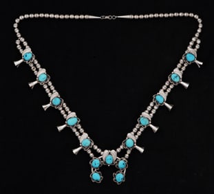Silver and Turquoise Squash Blossom Necklace
