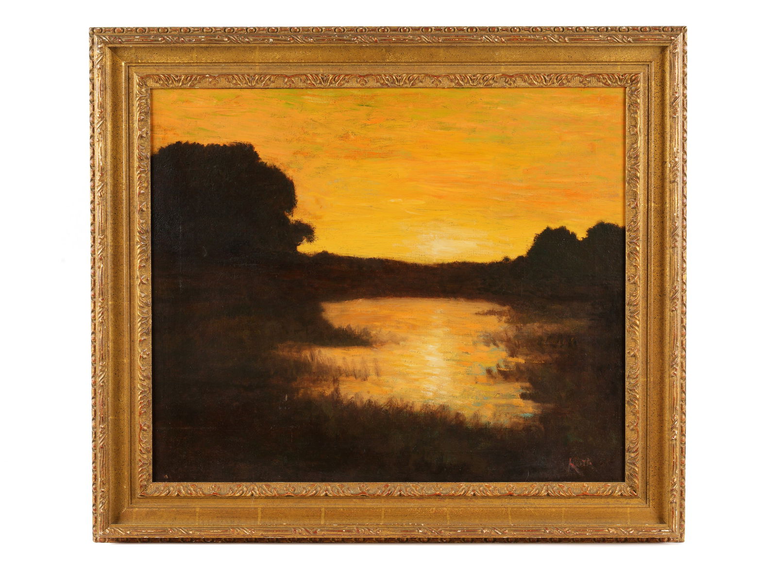 William Keith Sunset Tonalist Landscape Painting: KEITH, William, (Scottish / American, 1838-1911): Sunset over a pond landscape, Oil on Canvas, signed lower right, older auction / exhibition label verso on frame, 20" x 24", framed 25" x 29.5". Condi