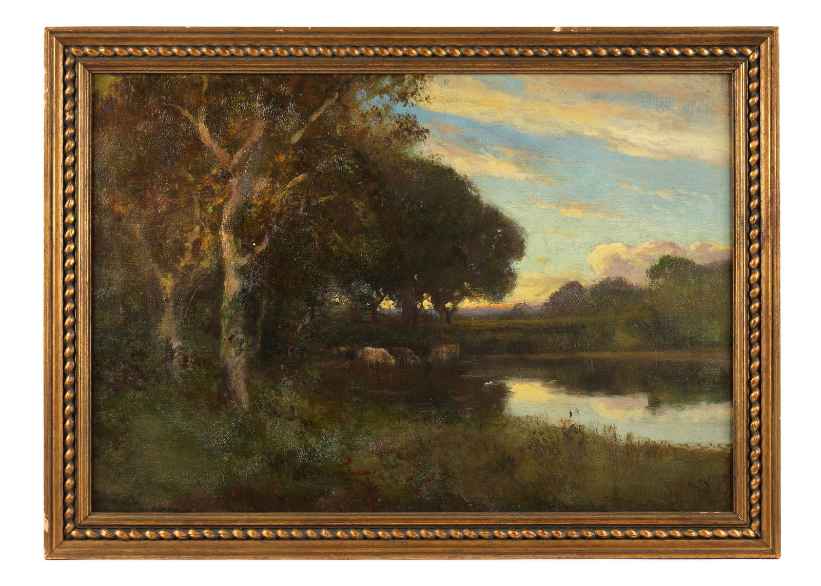 William Keith Tonalist Landscape w/ Cows Painting: KEITH, William, (Scottish / American, 1838-1911): Wooded landscape with pond and cows, Oil on Canvas, signed lower left, 18" x 26", framed 21" x 29". Condition: Scattered inpaint, craquelure, two repa