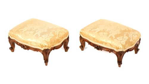 Pair French Carved Walnut Foot Stools