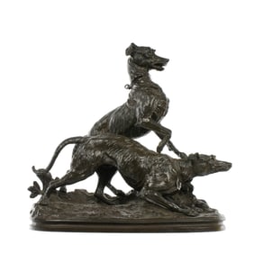 after PJ Mene Two Dogs Bronze Figural Group