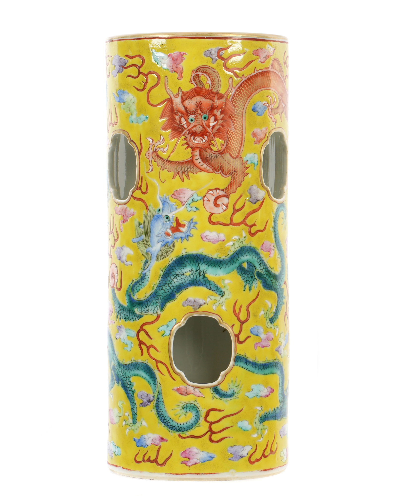 Chinese Famille Jaune Dragon Porcelain Hat Stand: Famille Jaune ground cylinder form hat stand, polychrome dragon and clouds motifs. Overall 11.25" h. x 5" dia. Condition: Drilled base, interior hairline crack.