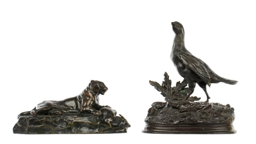 after Moignier & Barye Bronzes Grouse and Lioness