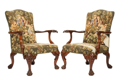 Pair Georgian Style Carved Needlepoint Lolling Arm Chairs