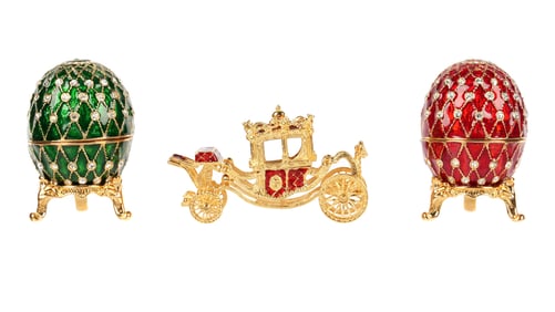 Two Faberge Style Miniature Eggs & a Carriage