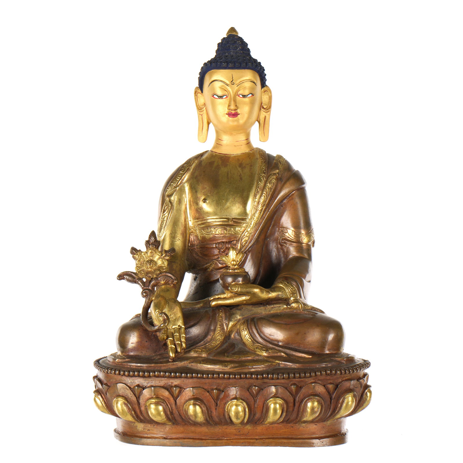 Chinese Gilt and Painted Bronze Seated Buddha: Gilt and painted bronze figure of a seated Buddha with lotus in one hand, fruit in the other. Seated upon lotus blossom. Paint decorated head, overall 8" h. x 5.25" x 3.75". Condition: Uneven finish.