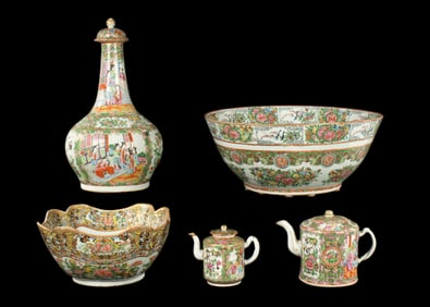 Five Piece Chinese Rose Medallion Porcelain Items