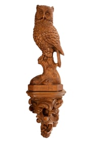 Black Forest Style Carved Wood Owl and Bracket