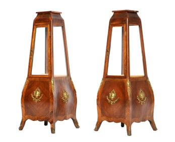 Pair French Empire Style Banded Rosewood Obelisk Form Vitrine Cabinets