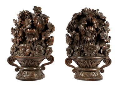 Pair French 19th C. Carved Wood Flower Wall Mounts