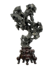 Chinese Marble Scholar's Rock with Carved Stand