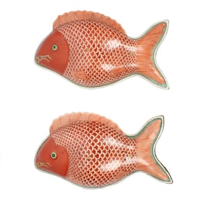 Pair Chinese Porcelain Fish Form Covered Dishes