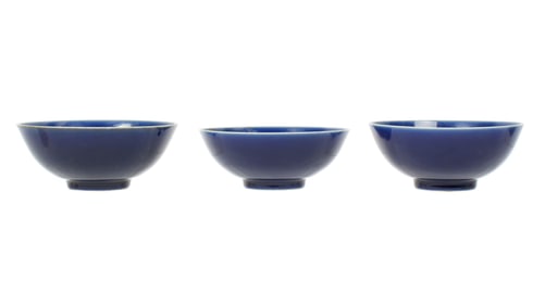 Three Chinese Blue Glaze Porcelain Bowls
