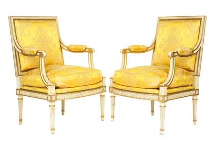Pair French Louis XVI Carved Painted & Gilt Chairs